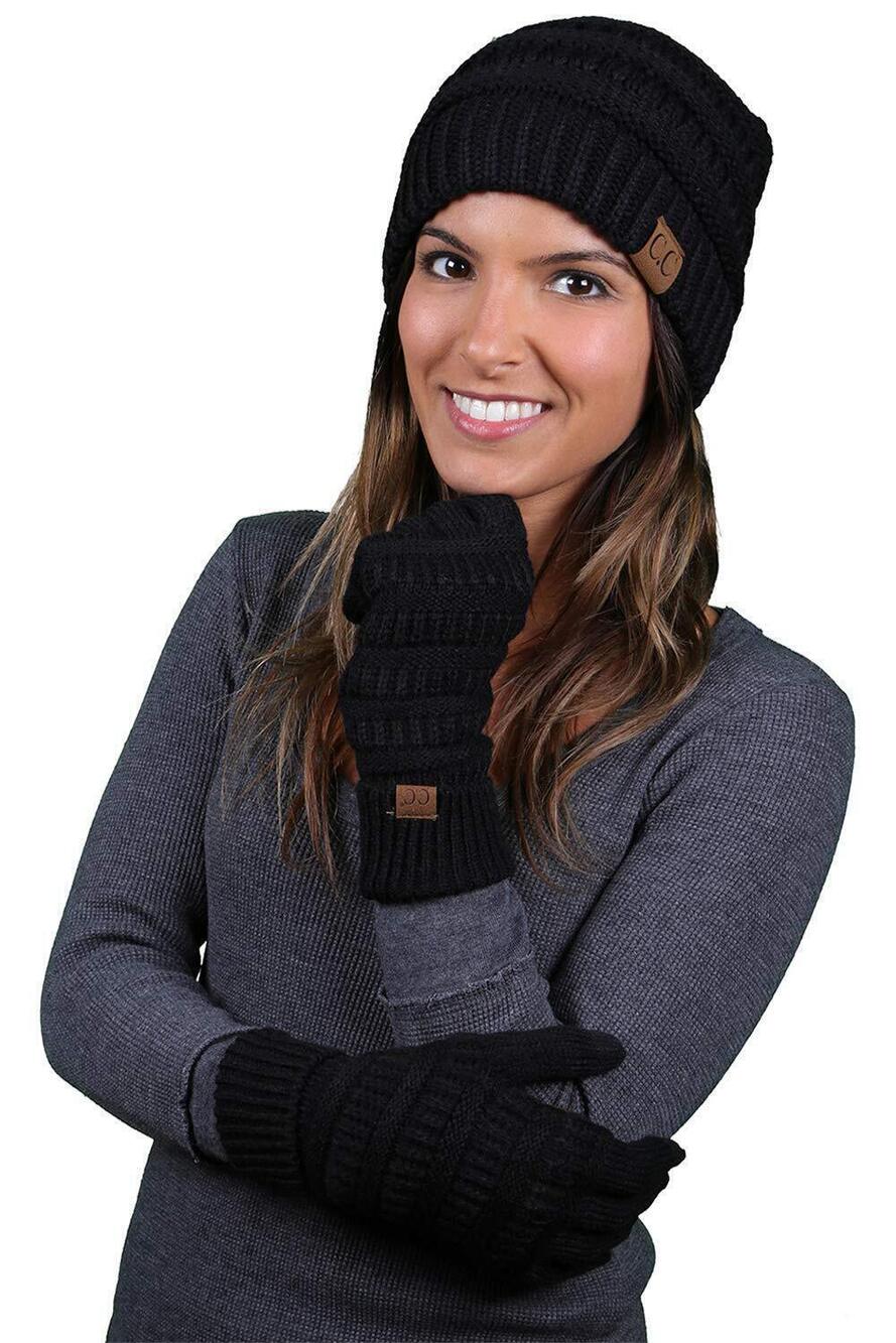 6134 Matching 2 Pack: Slouchy Beanie & Texting Gloves - Black